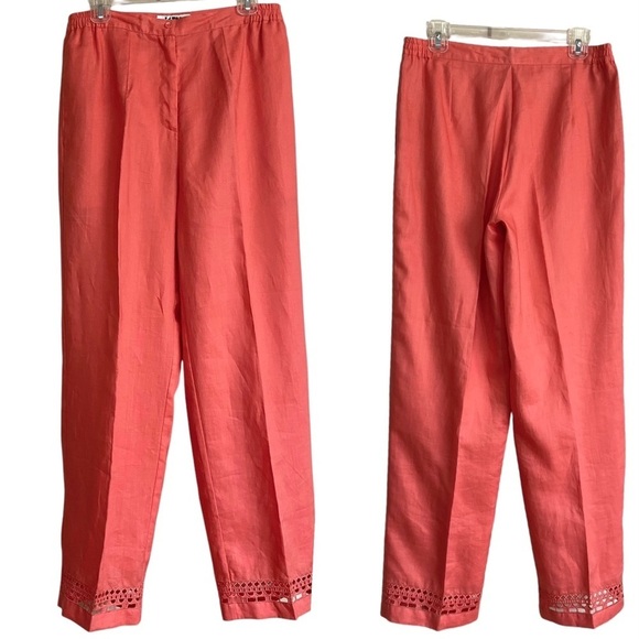 Linen 2-Pc Matching Tunic Blouse and Pants Set Orange Medium Spring Lagenlook - Picture 9 of 15